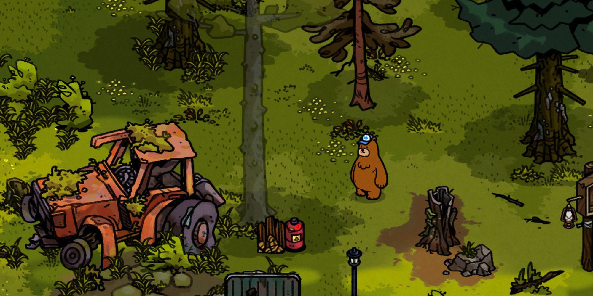 The player as Hank exploring the woods in Bear & Breakfast and a derelict tractor