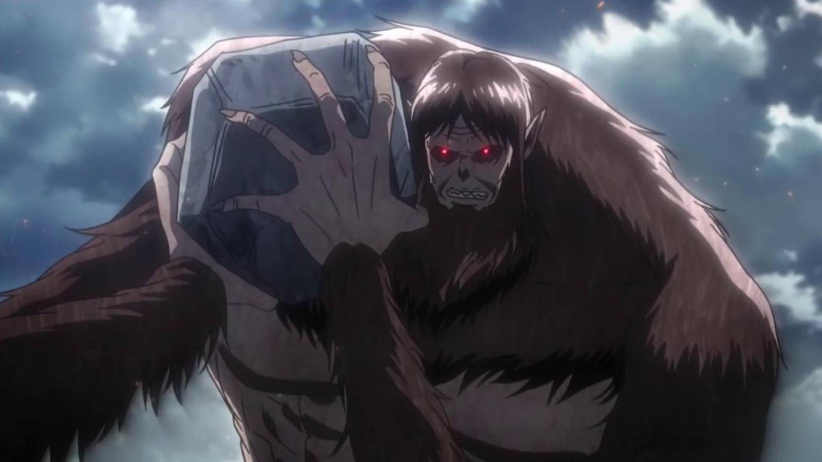 The Beast Titan angrily lifting a boulder in Attack on Titan