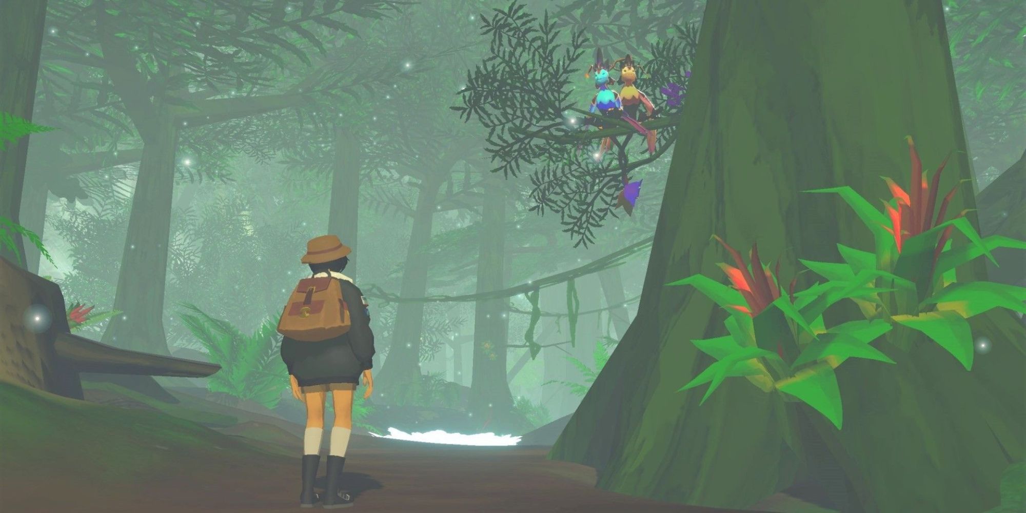 The player overlooking a large tree with hanging vines and two birds in Beasts of Maravilla Island
