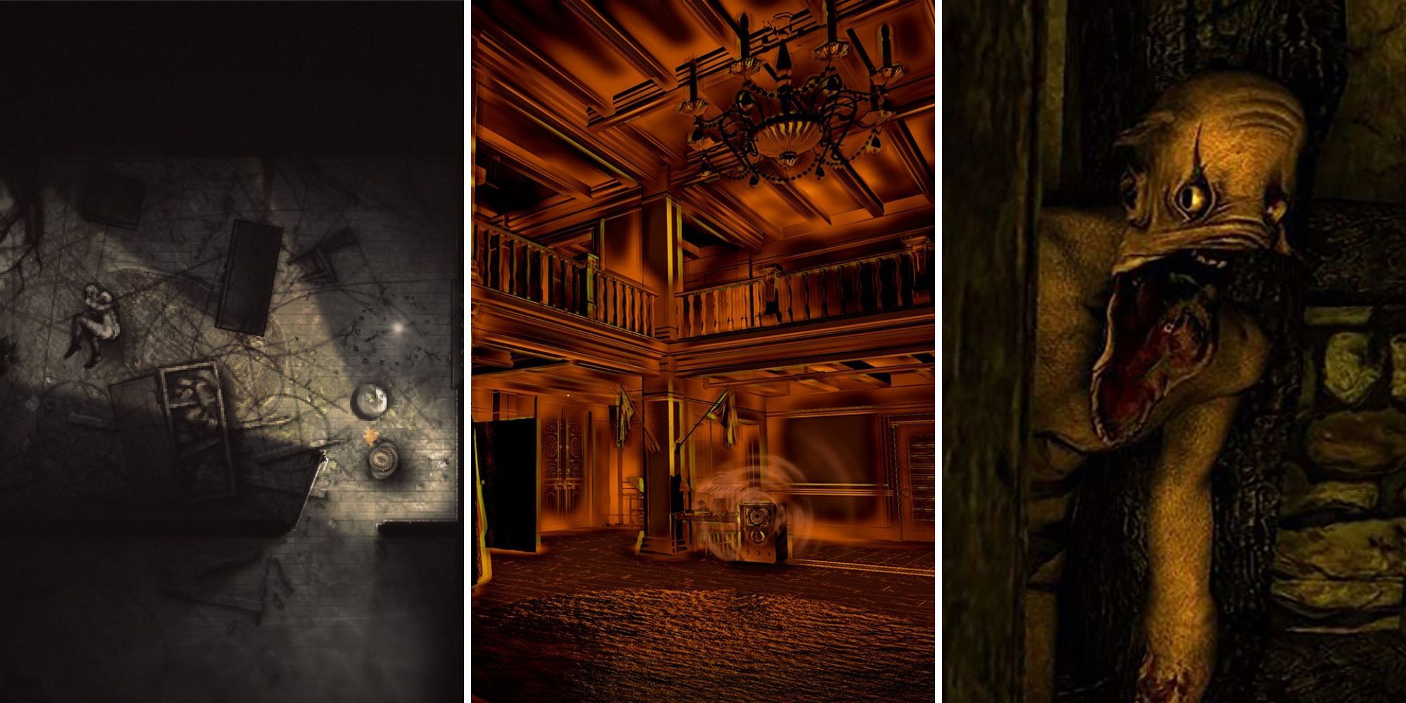 Три скриншота из игр Darkwood, Perception и Amnesia: The Dark Descent.