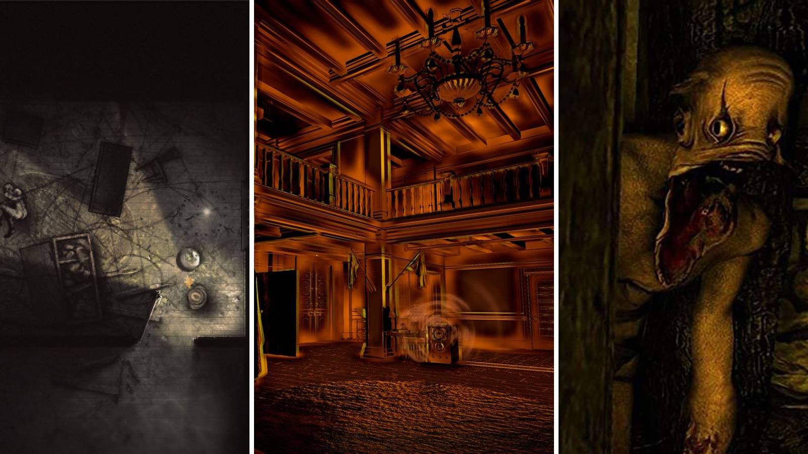 Three screen shots from the games Darkwood, Perception, and Amnesia: The Dark Descent