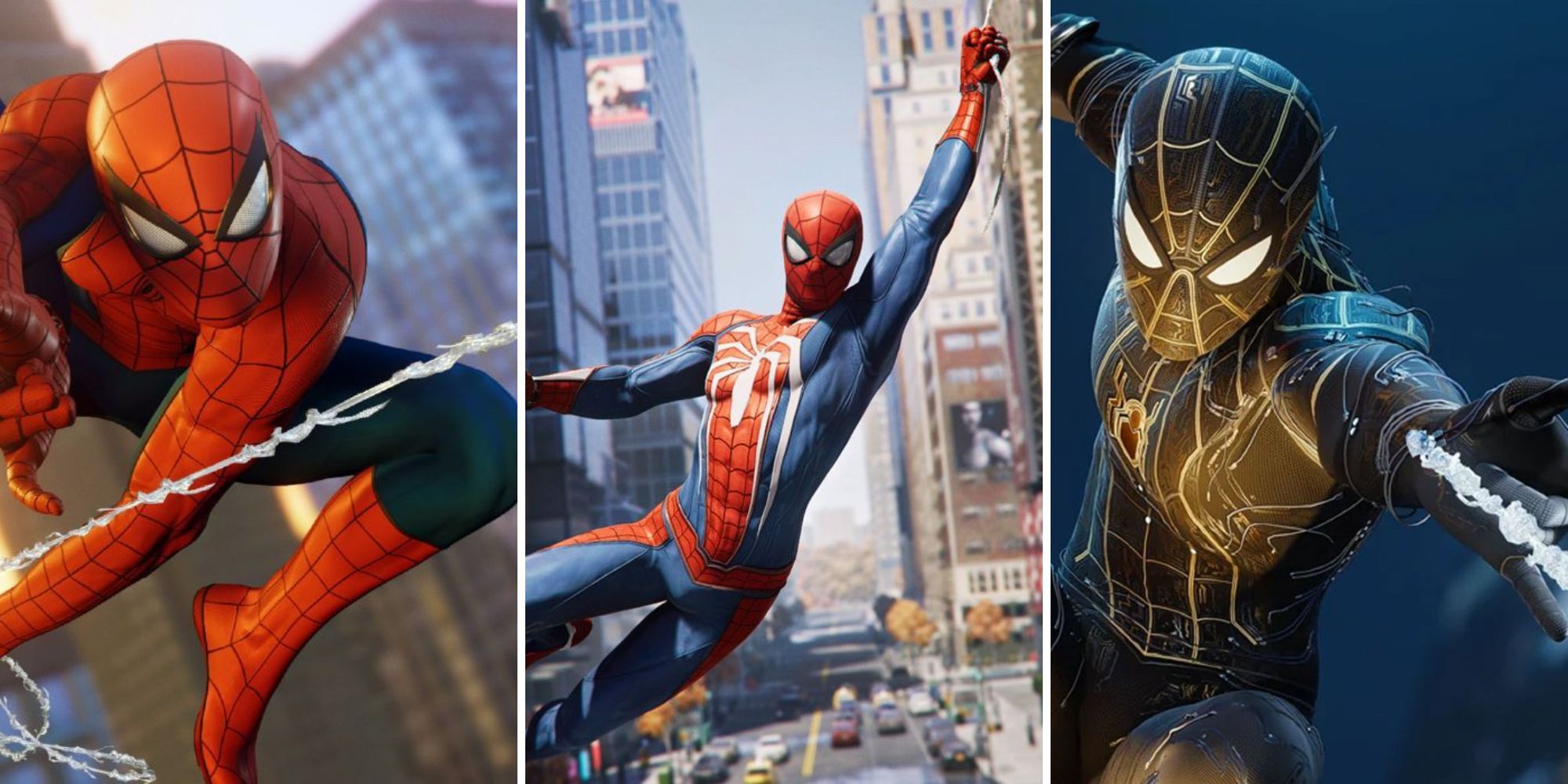 Three different pictures of Spider-Man from the game Marvel's Spider-Man using webs