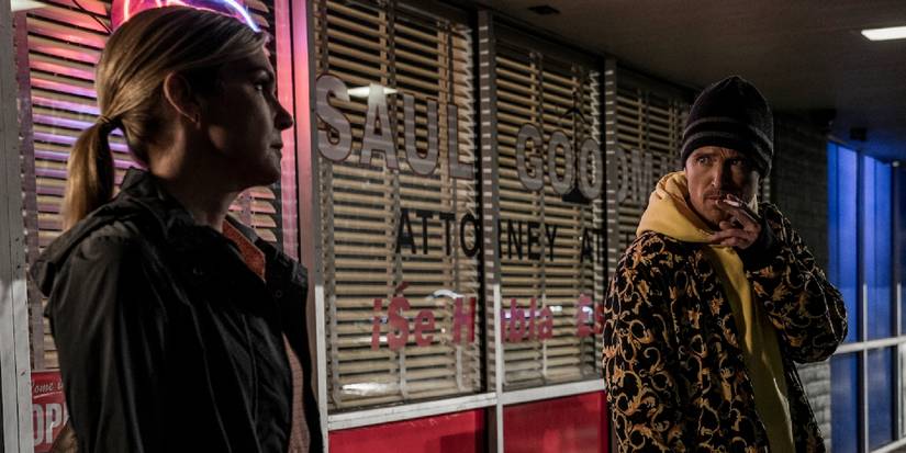 Kim smoking with Jesse outside Saul's office in "Waterworks"