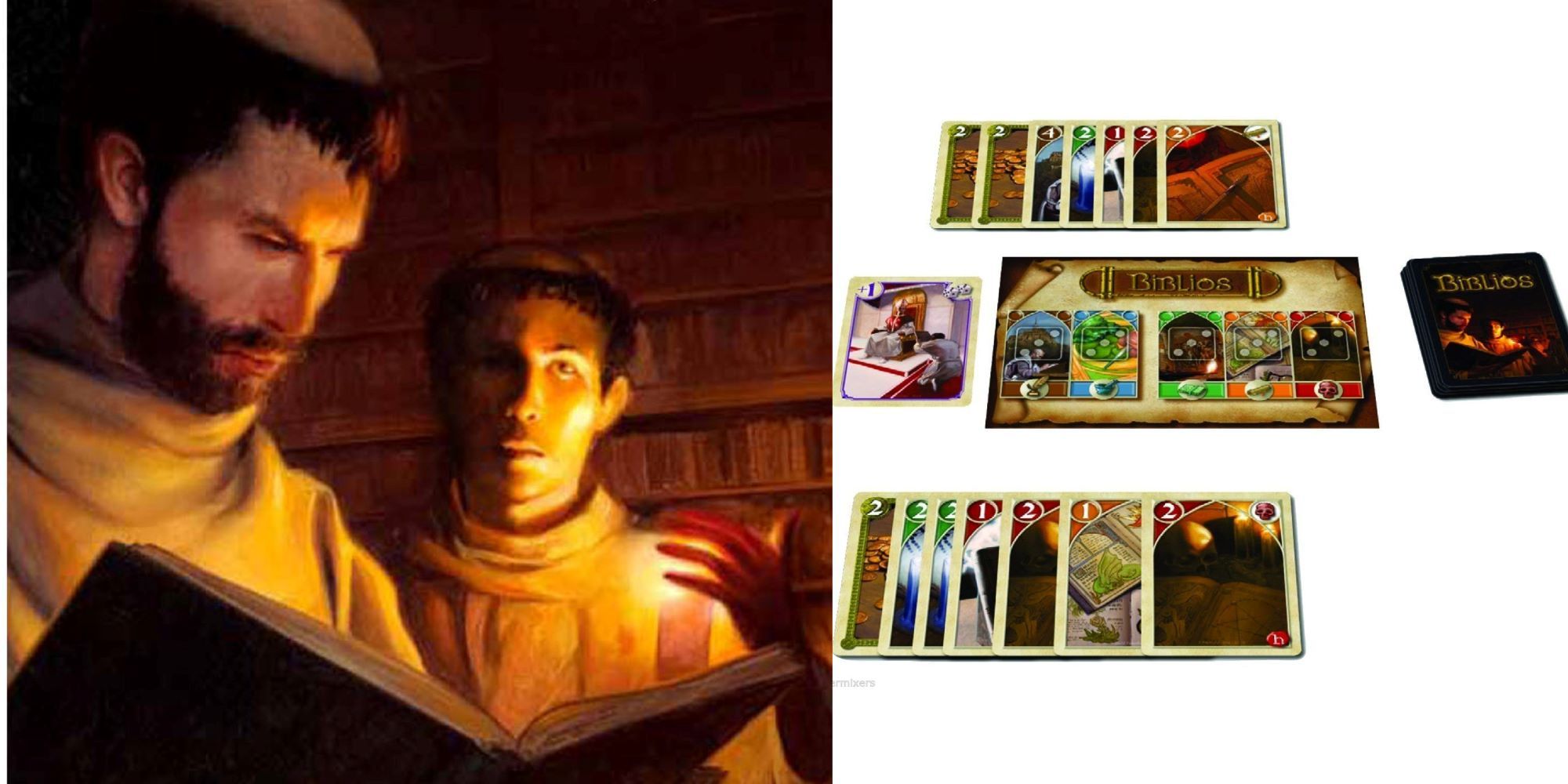 Изображение справа — монахи в монастырской библиотеке, изображение слева — настольная игра Biblios