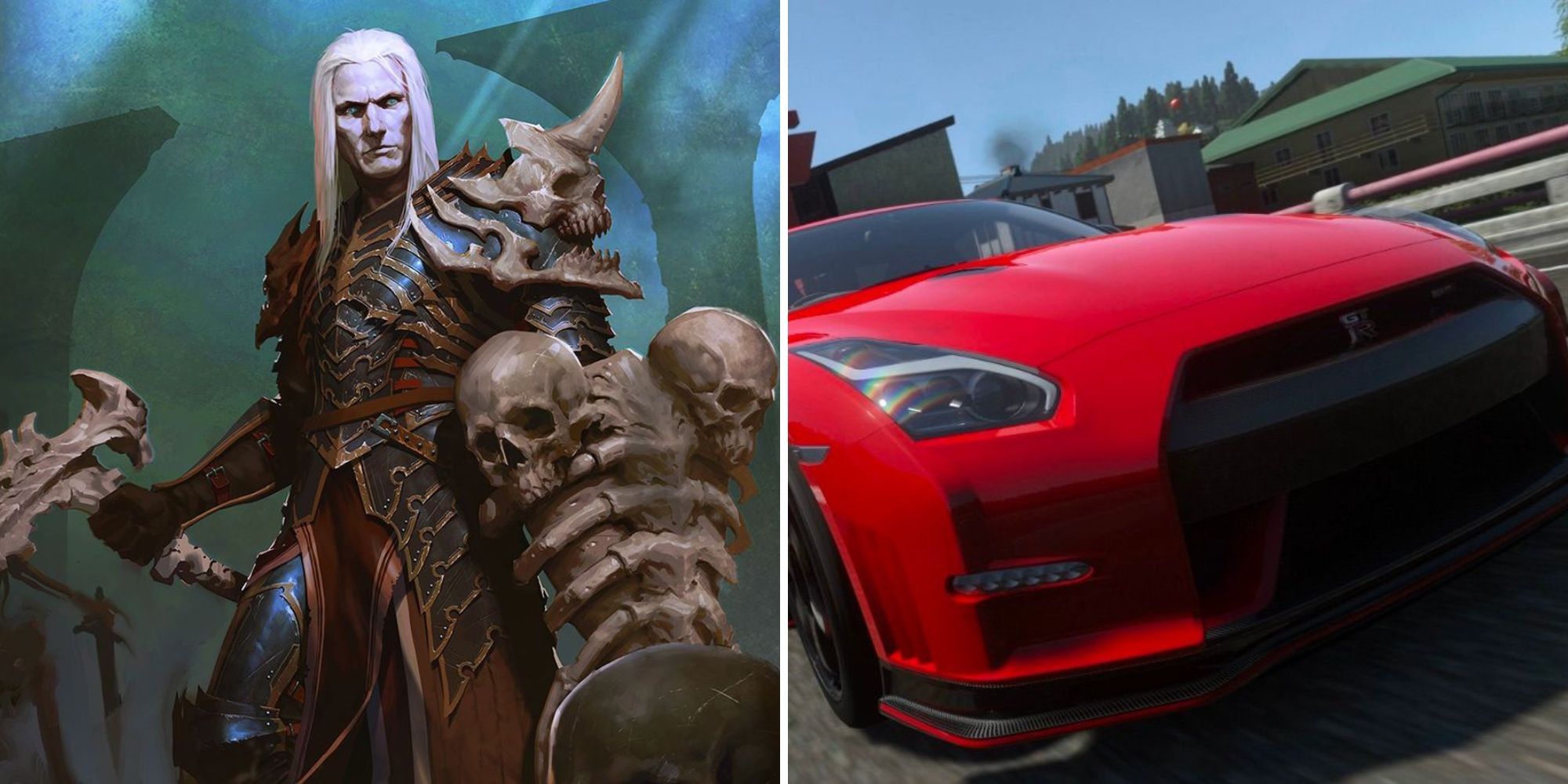 A picture of a necromancer from Diablo 3 and a red car from Driveclub