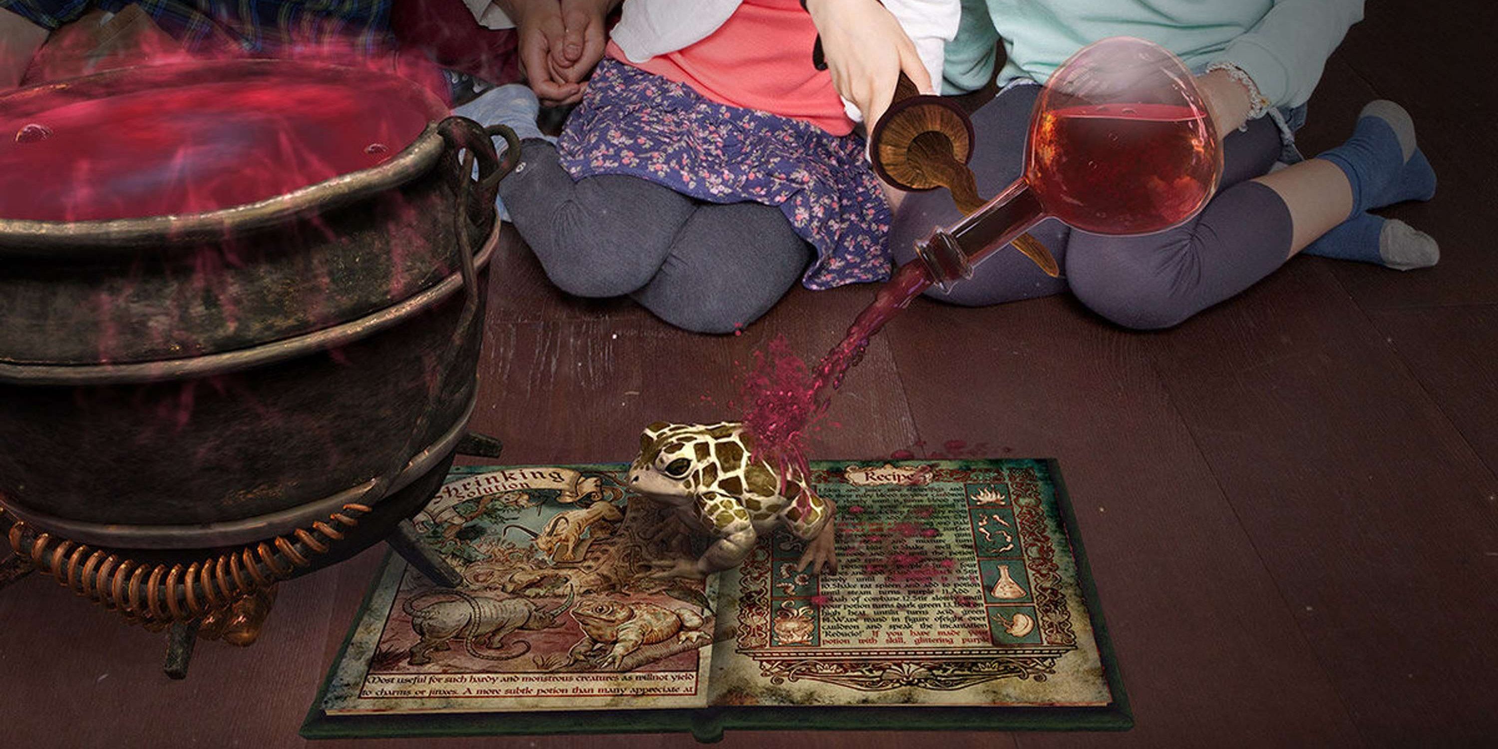 Players pouring a potion onto a toad in Book of Potions