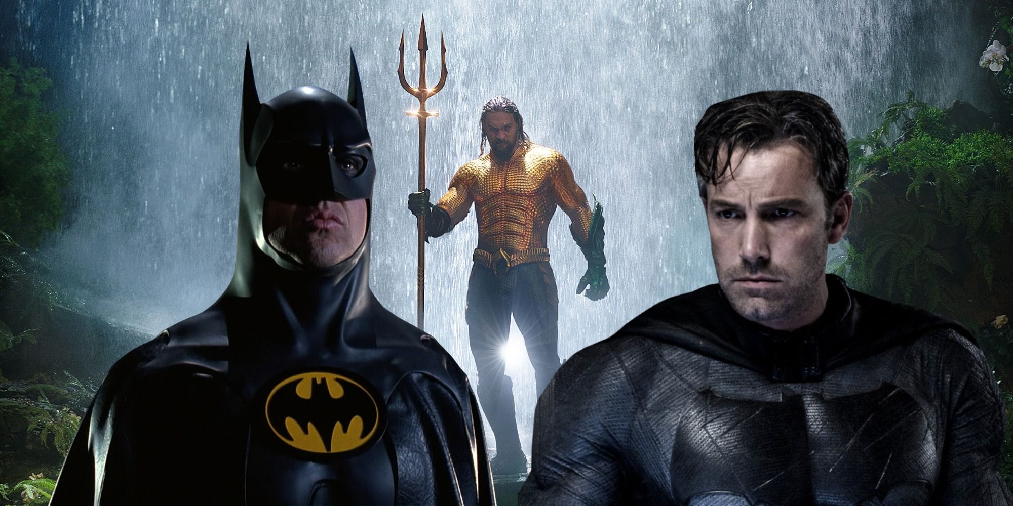 Michael Keaton and Ben Affleck Batman with Aquaman background