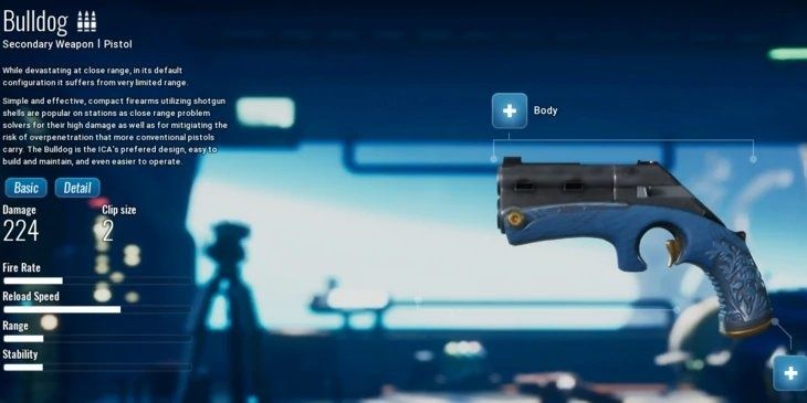 The Bulldog pistol from The Cycle: Frontier showing information on it doing 224 damage and having a clip size of 2