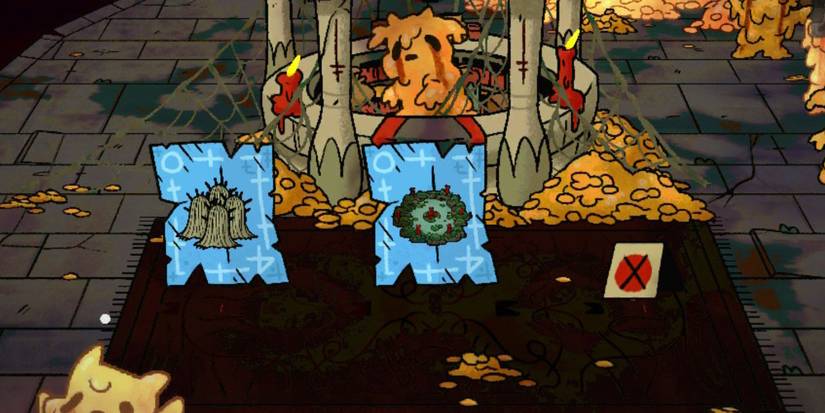 The blueprints for two decorations at Midas Cave in Cult Of The Lamb, with one sold out slot to the right