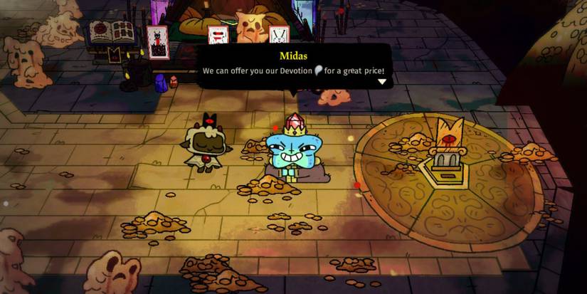Midas explaining to the player how buying devotion works while standing next to the statue surrounded by gold
