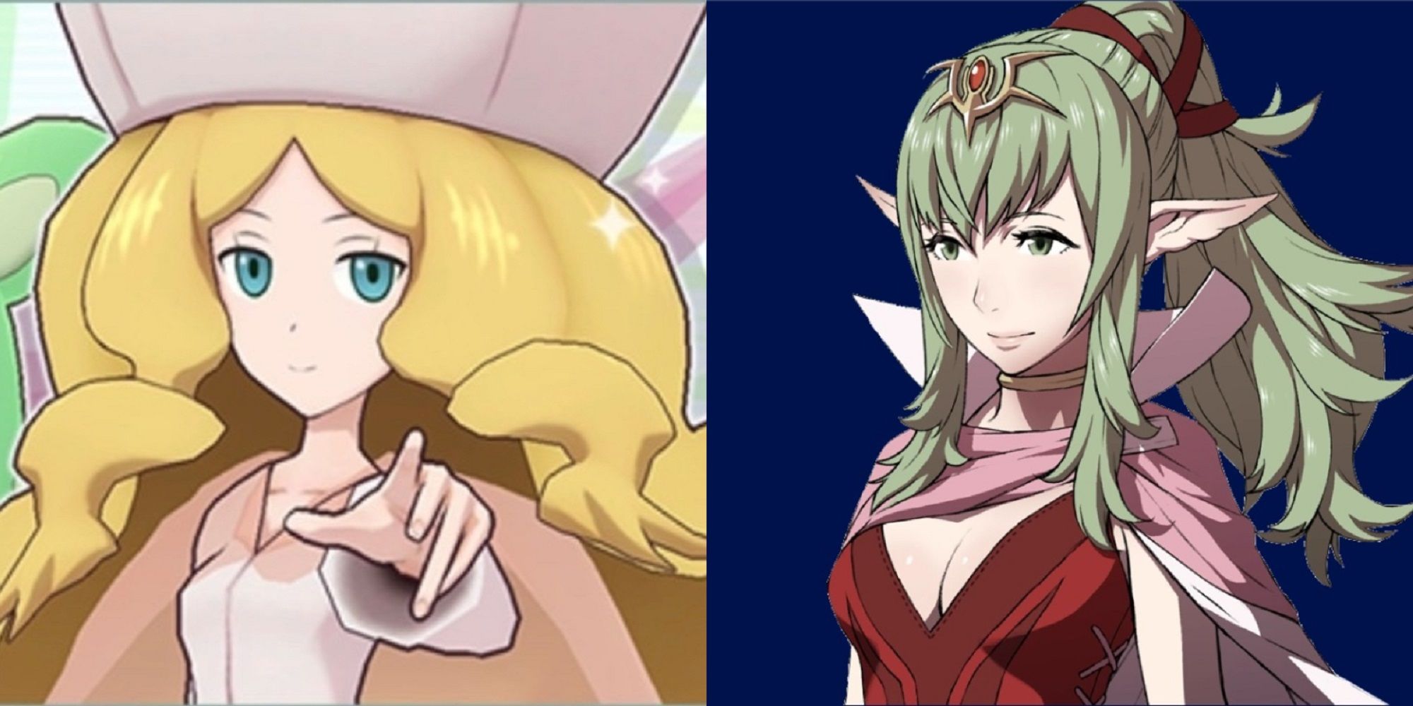 Split image of Caitlin's official artwork for Pokemon Masters and Tiki's portrait from Fire Emblem Awakening