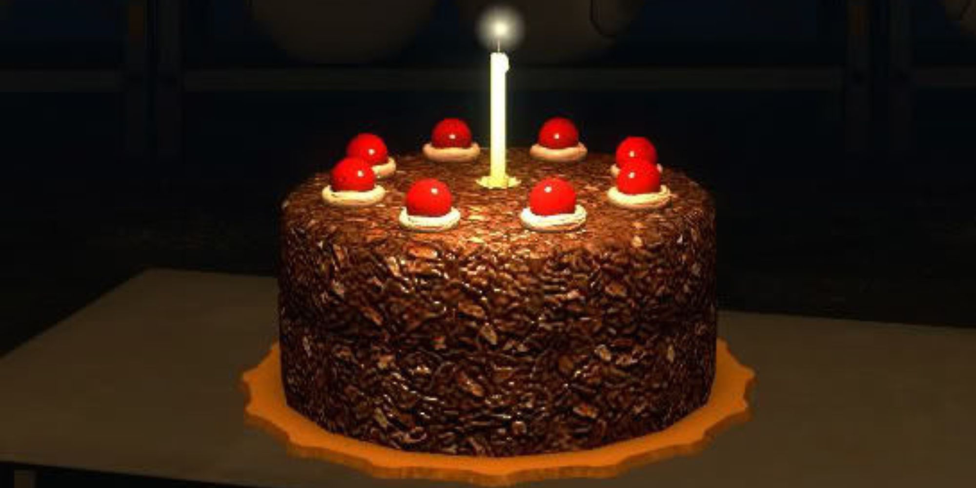 The cake at the end of Portal covered in lit candles on a table