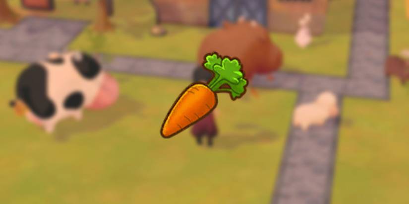 Carrot icon as it would be seen in players inventory over blurred background of player and cows in game