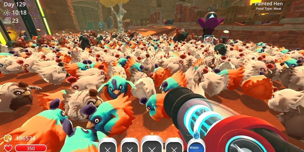 A player with a hoard of Chickens of different breeds in Slime Rancher