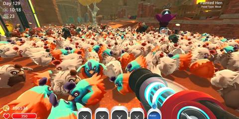 A player with a hoard of Chickens of different breeds in Slime Rancher