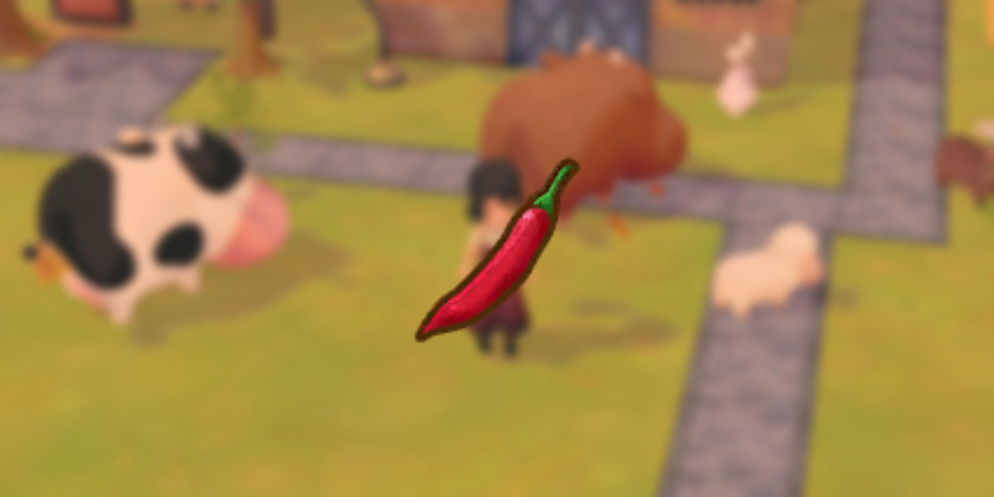 Chili Pepper icon as it would be seen in players inventory over blurred background of player and cows in game