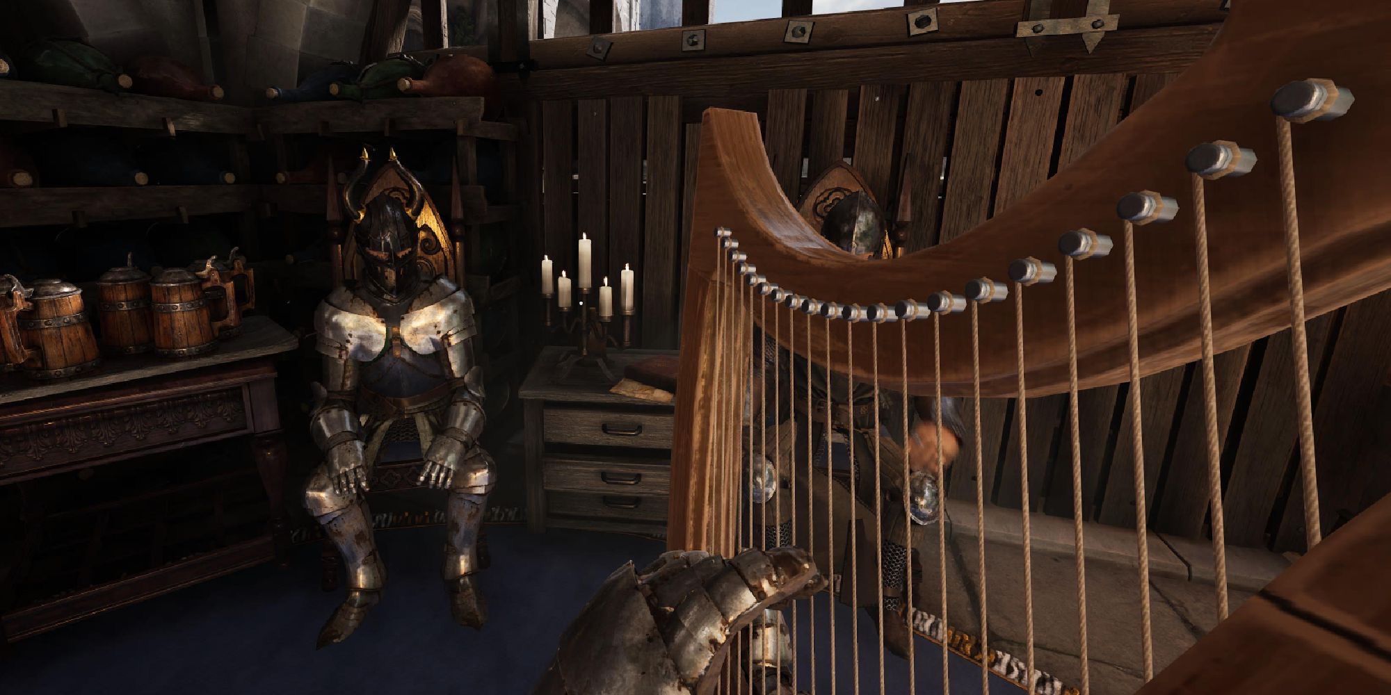 A Chivalry 2 fighter playing the harp for two onlooking players at the Courtyard. 