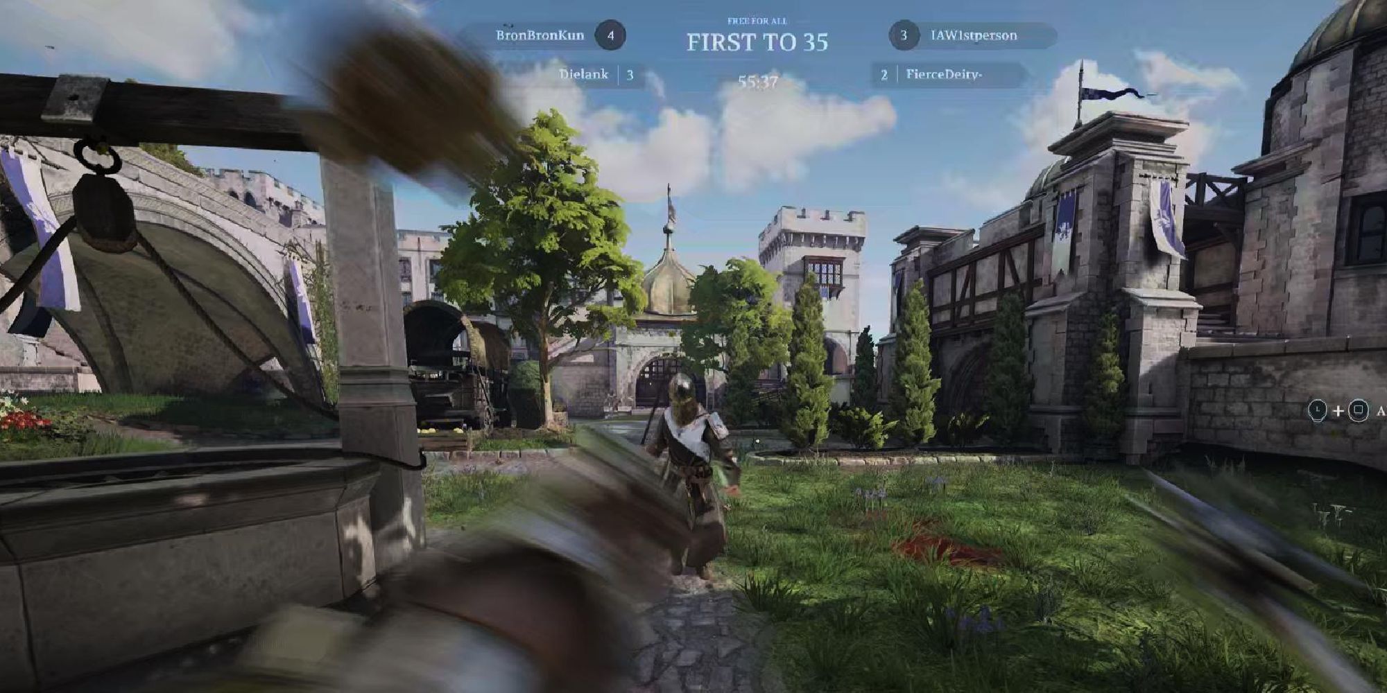A first-person action shot of a Chivalry 2 player throwing poo at another at the Courtyard. 