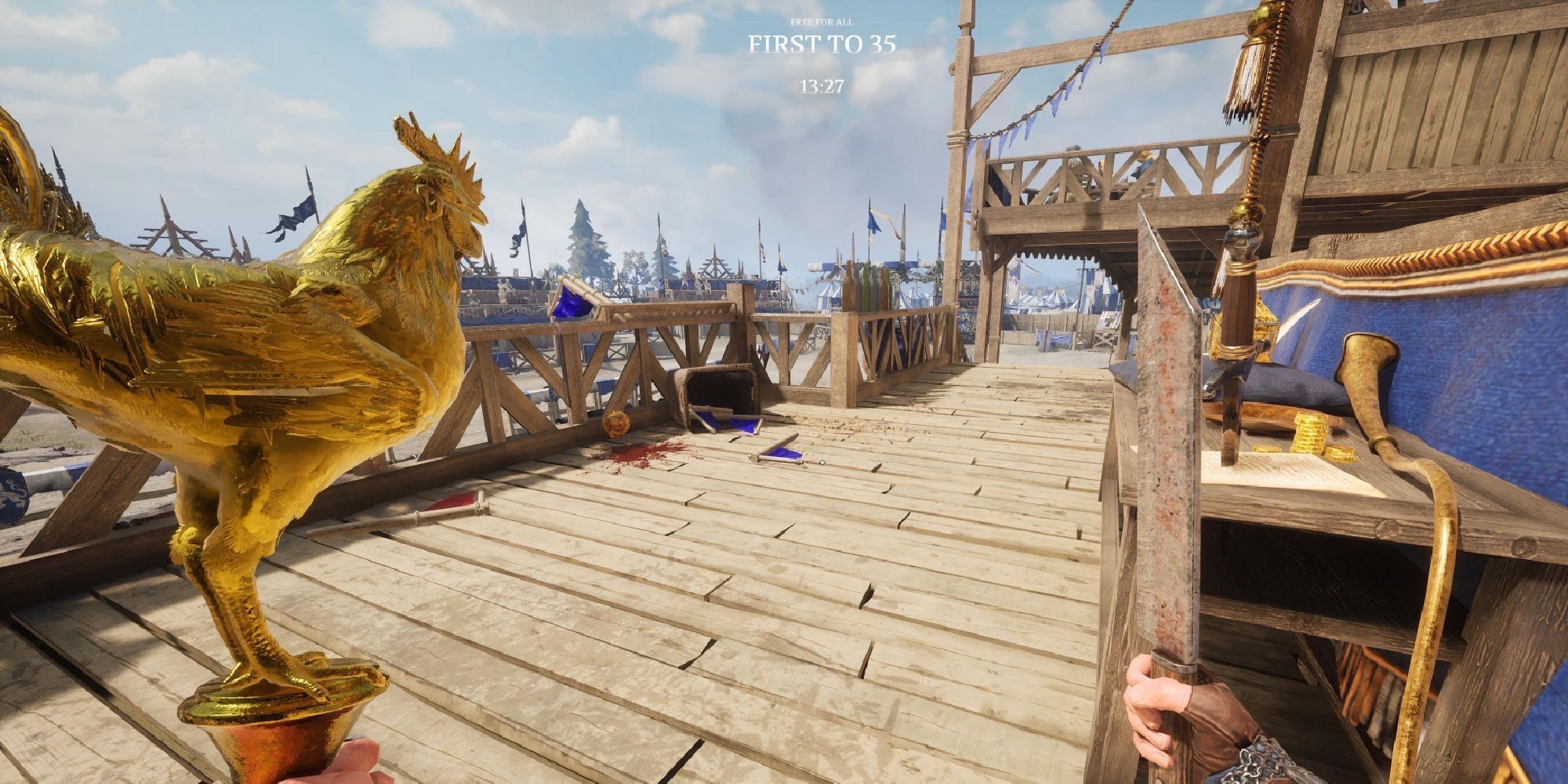 A first-person view of a Chivalry 2 player holding a golden rooster and a knife at Tournament Grounds. 