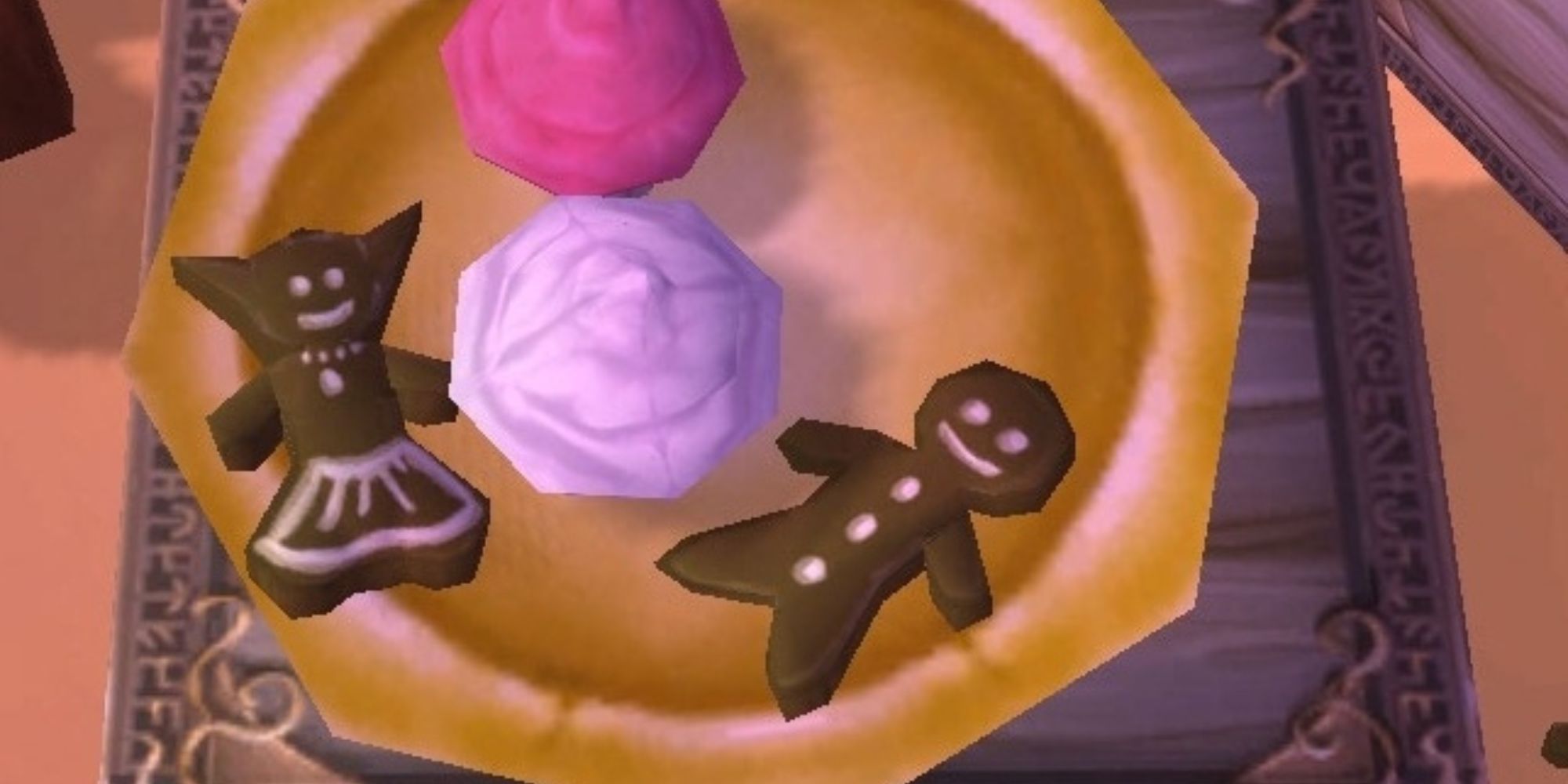 Two Chocolate Cookies on a plate in World of Warcraft and two cakes 