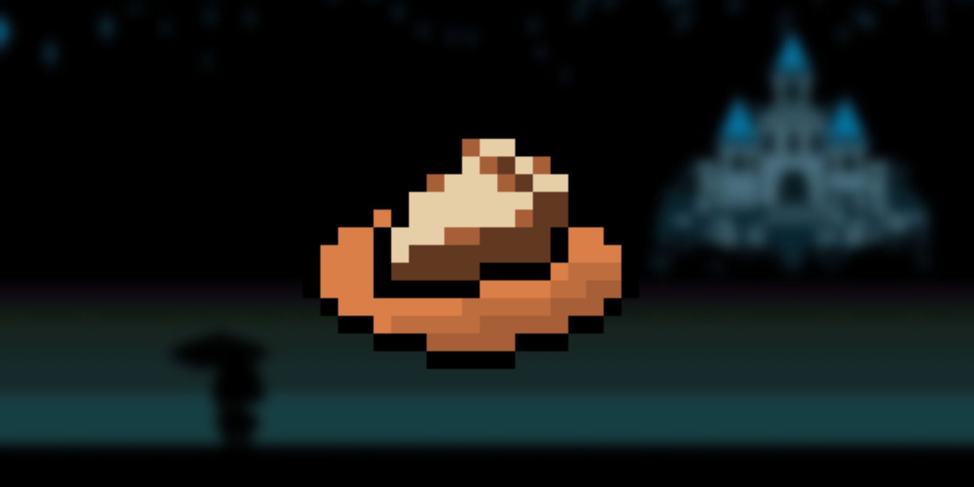The sprite of cinnamon butterscotch pie as it would be seen by the player over a blurred screenshot from undertale