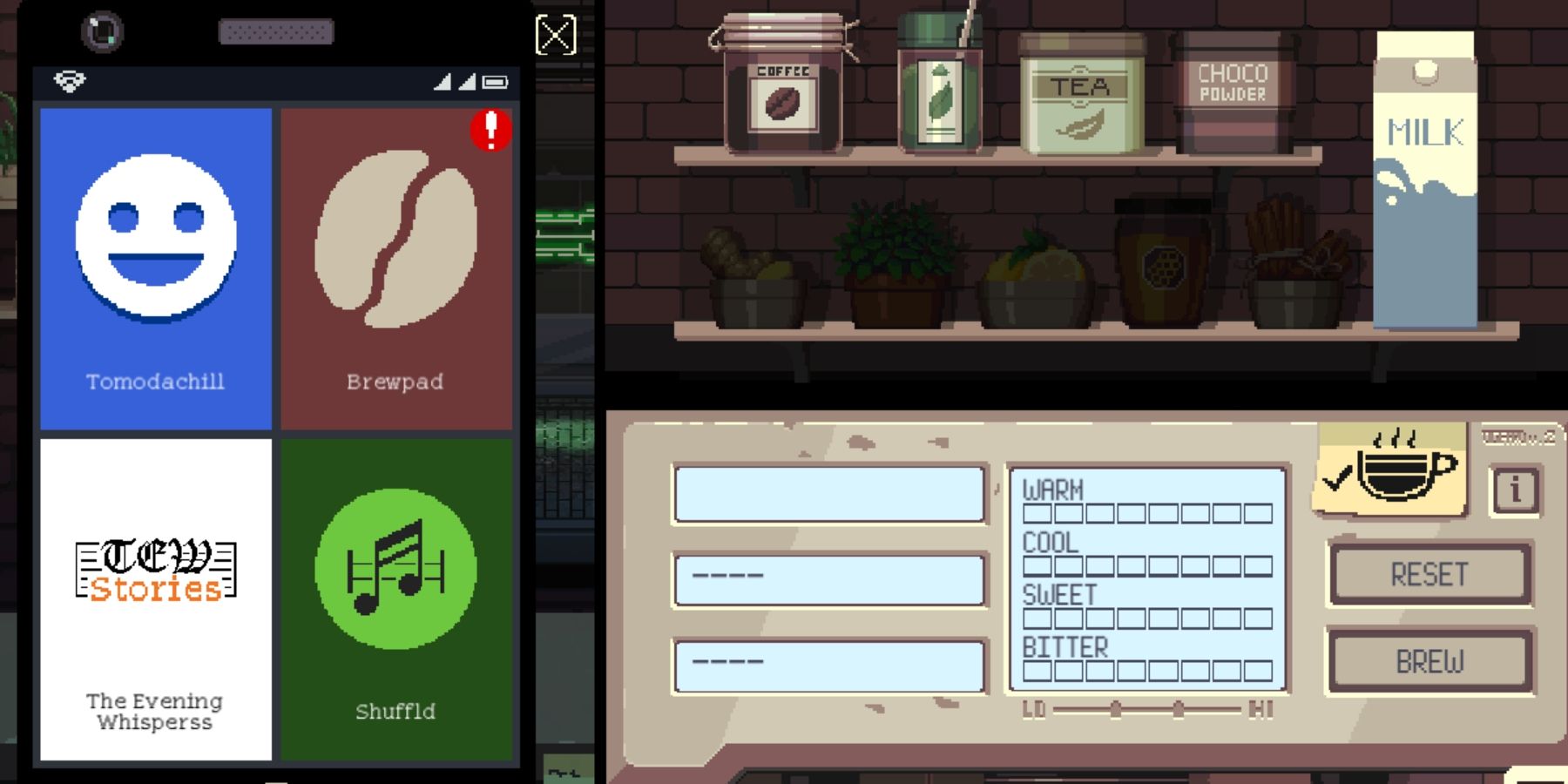 The player's Smartphone display to the left of the ingredients shelves and the coffee brewer. Image credit: Terrence Smith