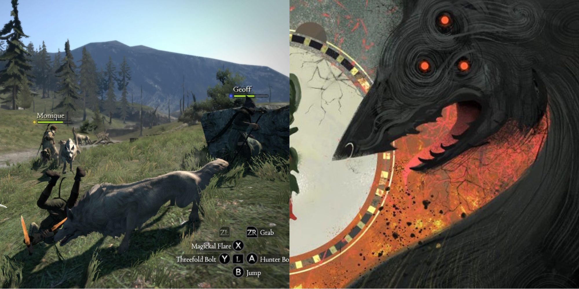 Split image of wolves in Dragon's Dogma and the Dreadwolf in Dragon Age.