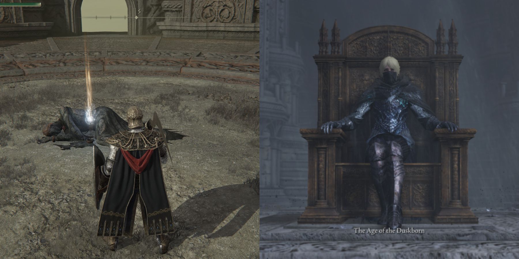 Split image of Ranni's corpse and the Duskborn Ending.