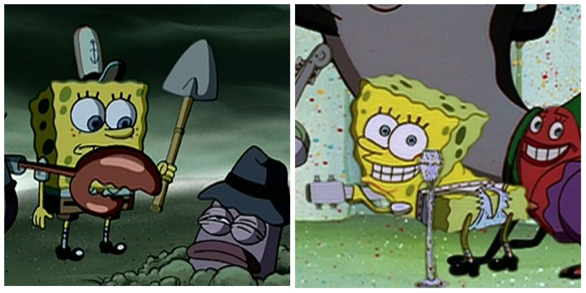 Left: SpogeBob buries a body. Right: Spongebob rips his pants. Image sources: pagelagi.com and gamerant.com