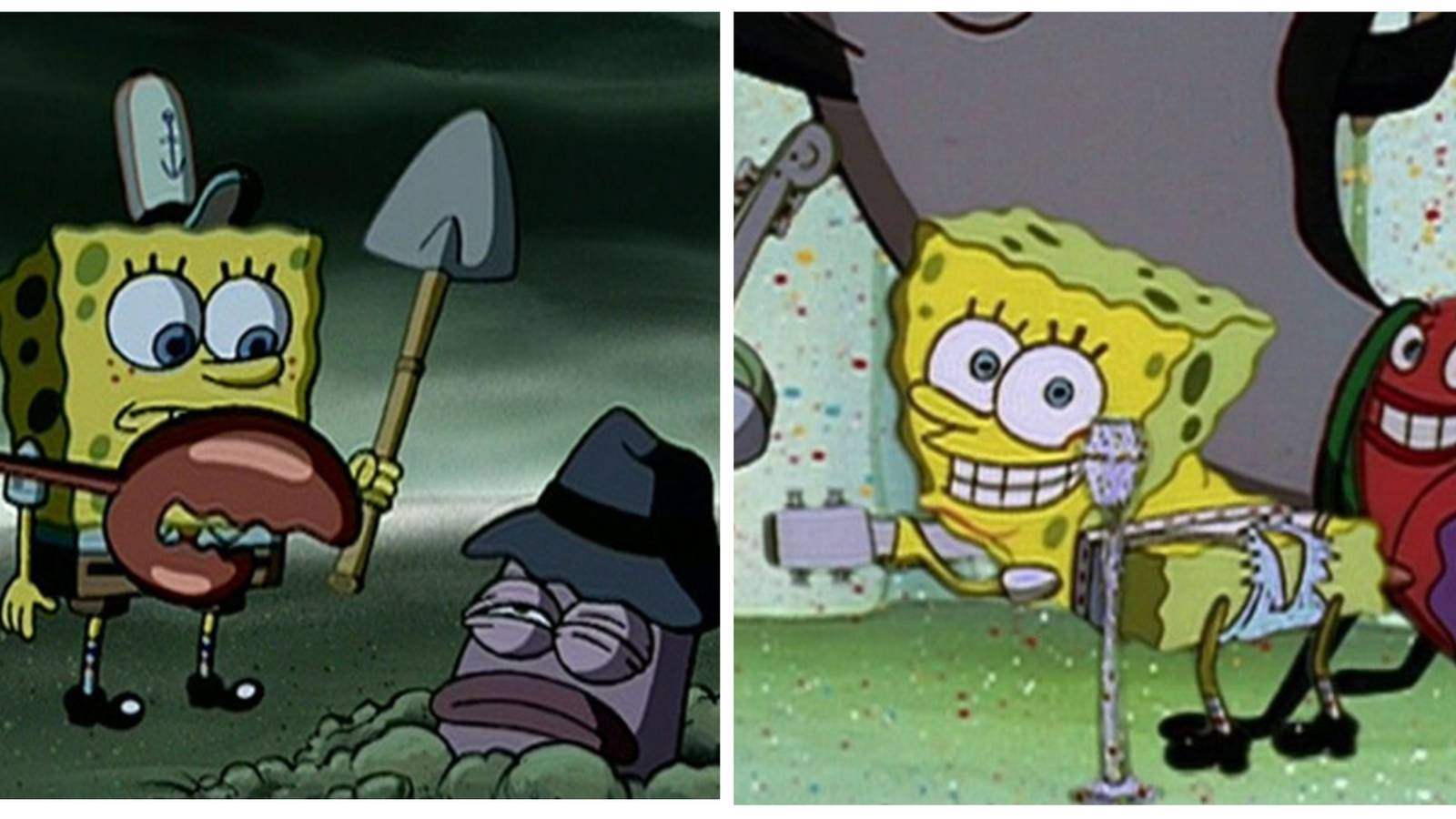 Left: SpogeBob buries a body. Right: Spongebob rips his pants. Image sources: pagelagi.com and thebestwargames.com