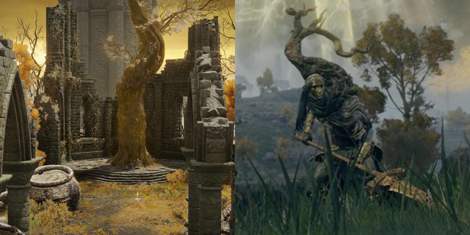 Split image of Minor Erdtree Church and guardian with swordspear.