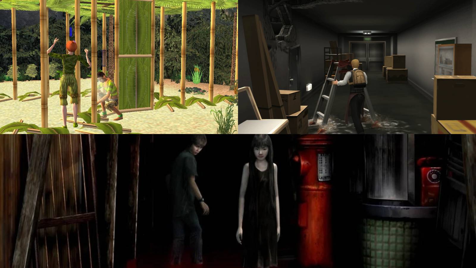 collage of sims 2 castaway, raw danger and siren