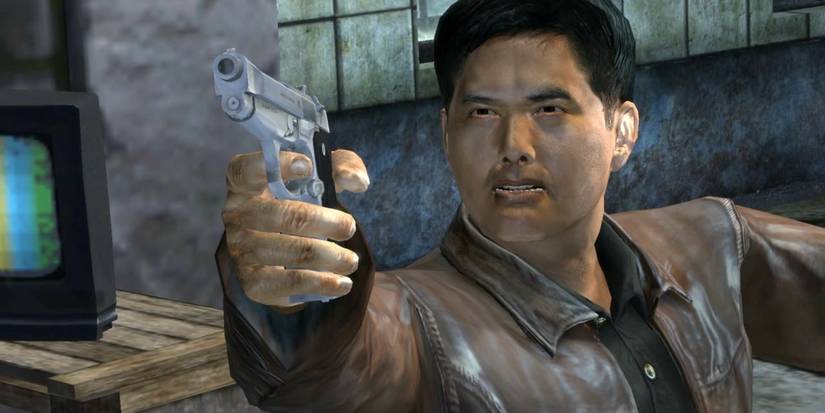 Man with gun in brown jacket.