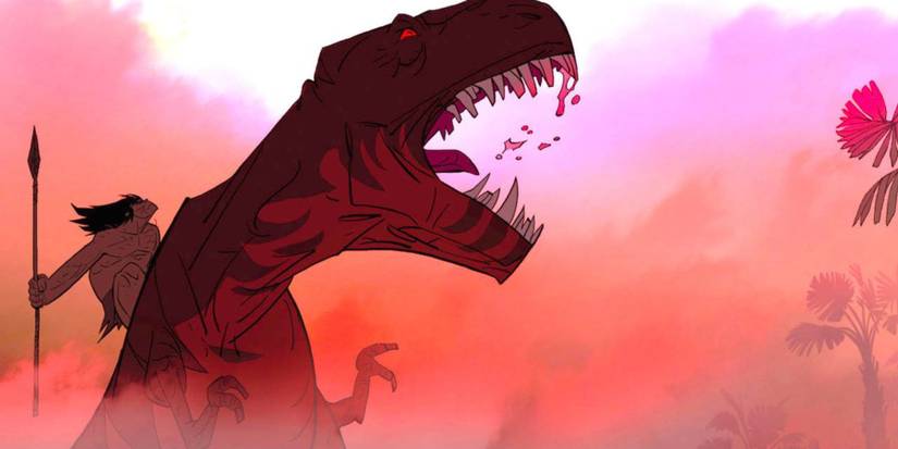 Spear on screaming tyrannosaurus. 