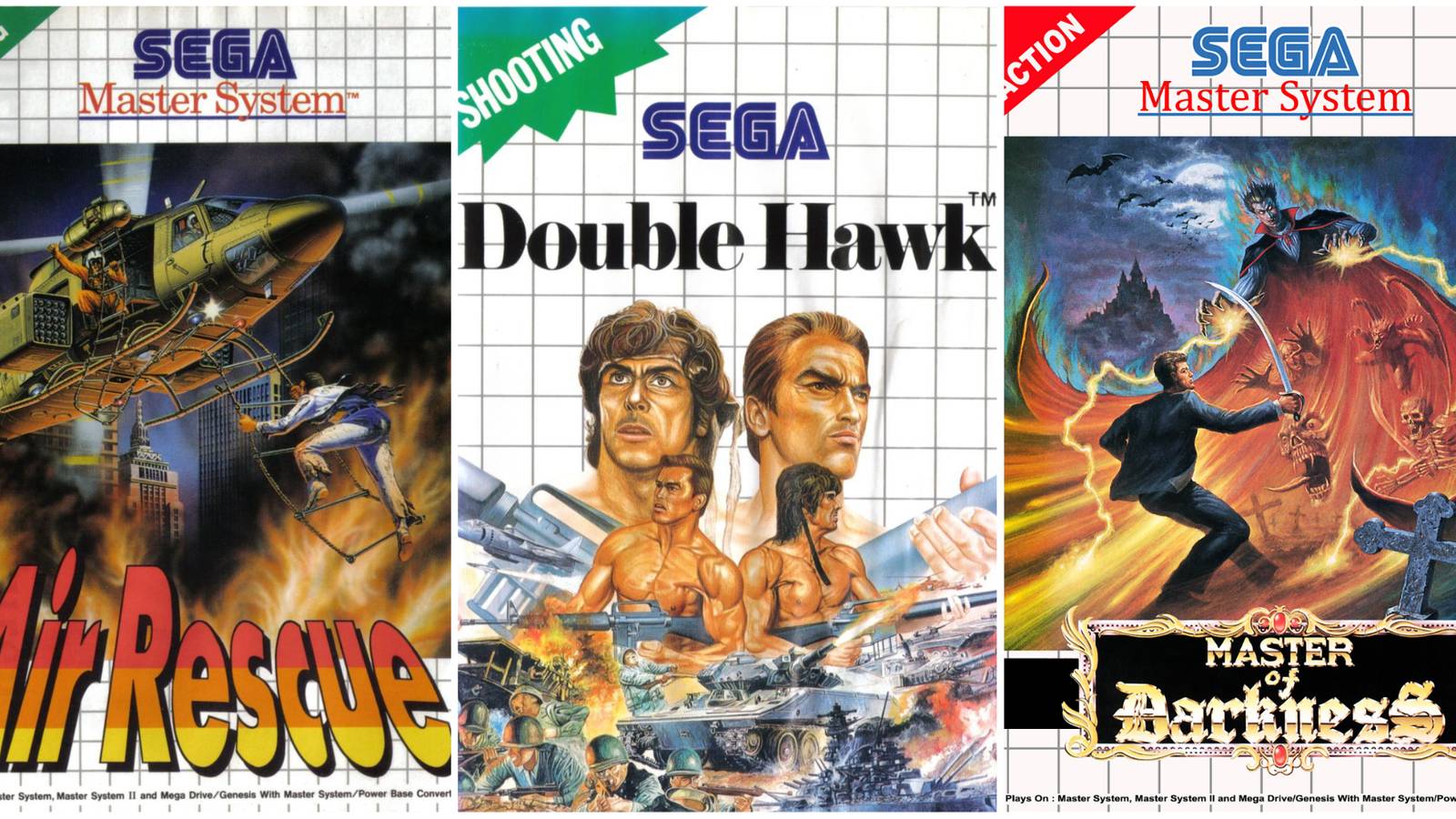 Air Rescue, Double Hawk, Master Of Darkness Sega Master System Cover Art