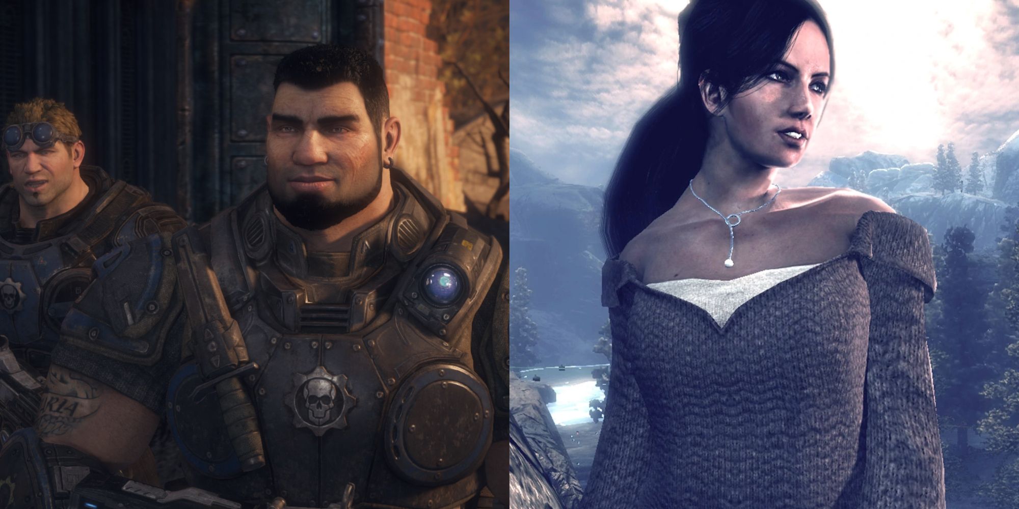 side by side collage of dom and maria from gears of war 2