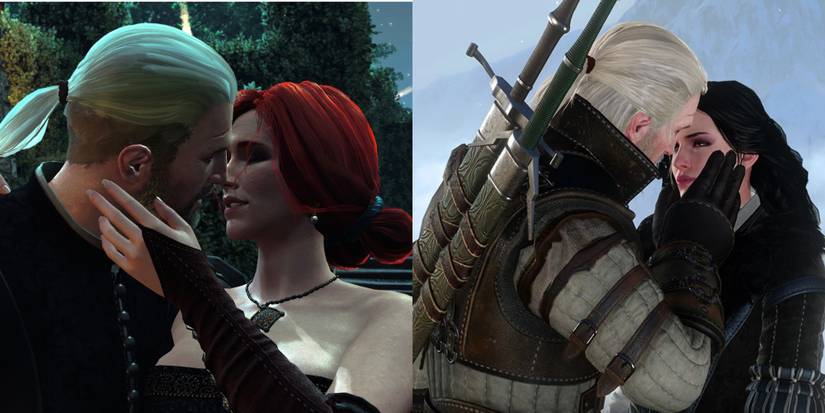 Geralt and Triss kissinf during the fireworks and Geralt and Yennefer kissing 