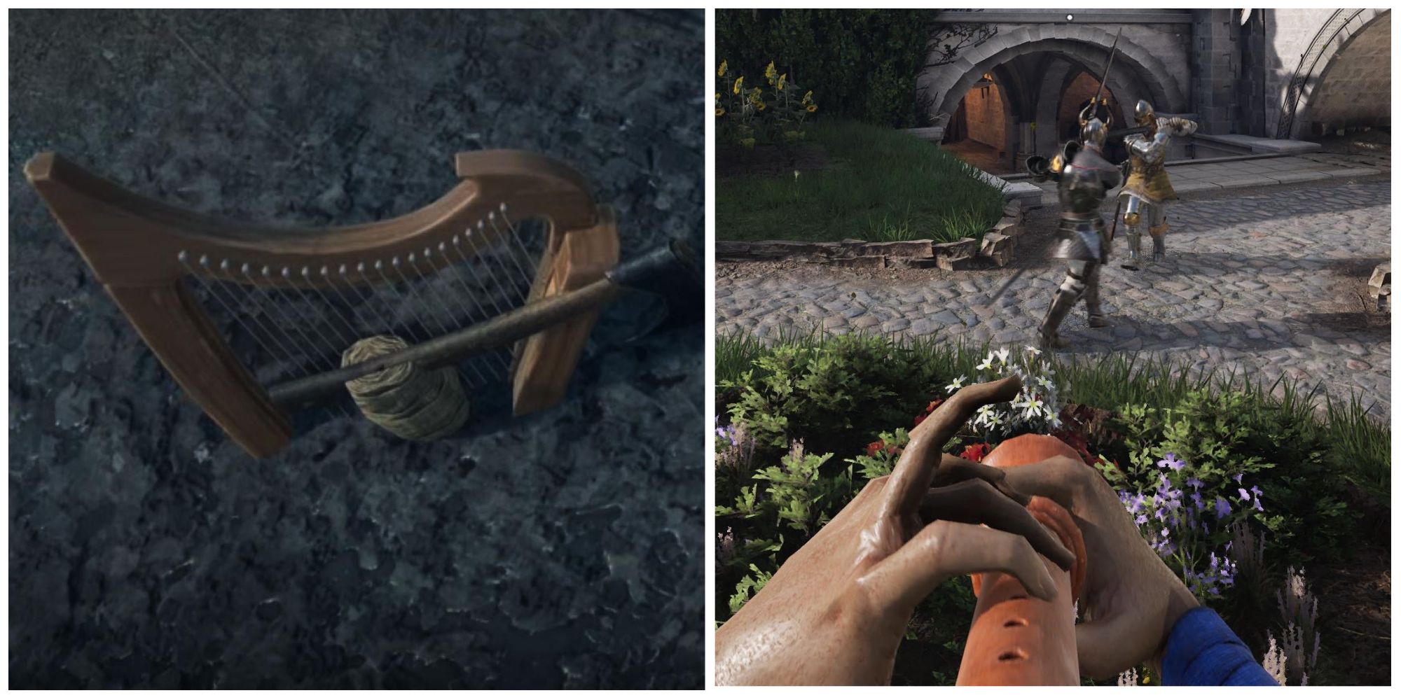 A harp lying on the ground next to a Chivalry 2 fighter playing their recorder. 