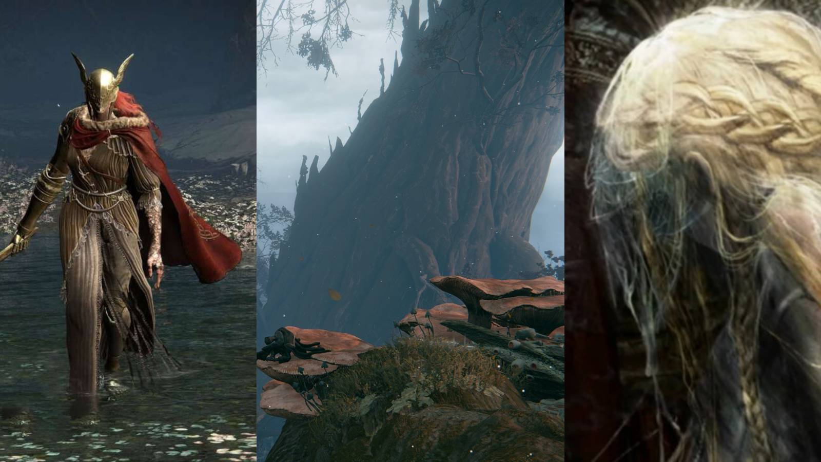 Split image of Malenia, the Haligtree, and Miquella.