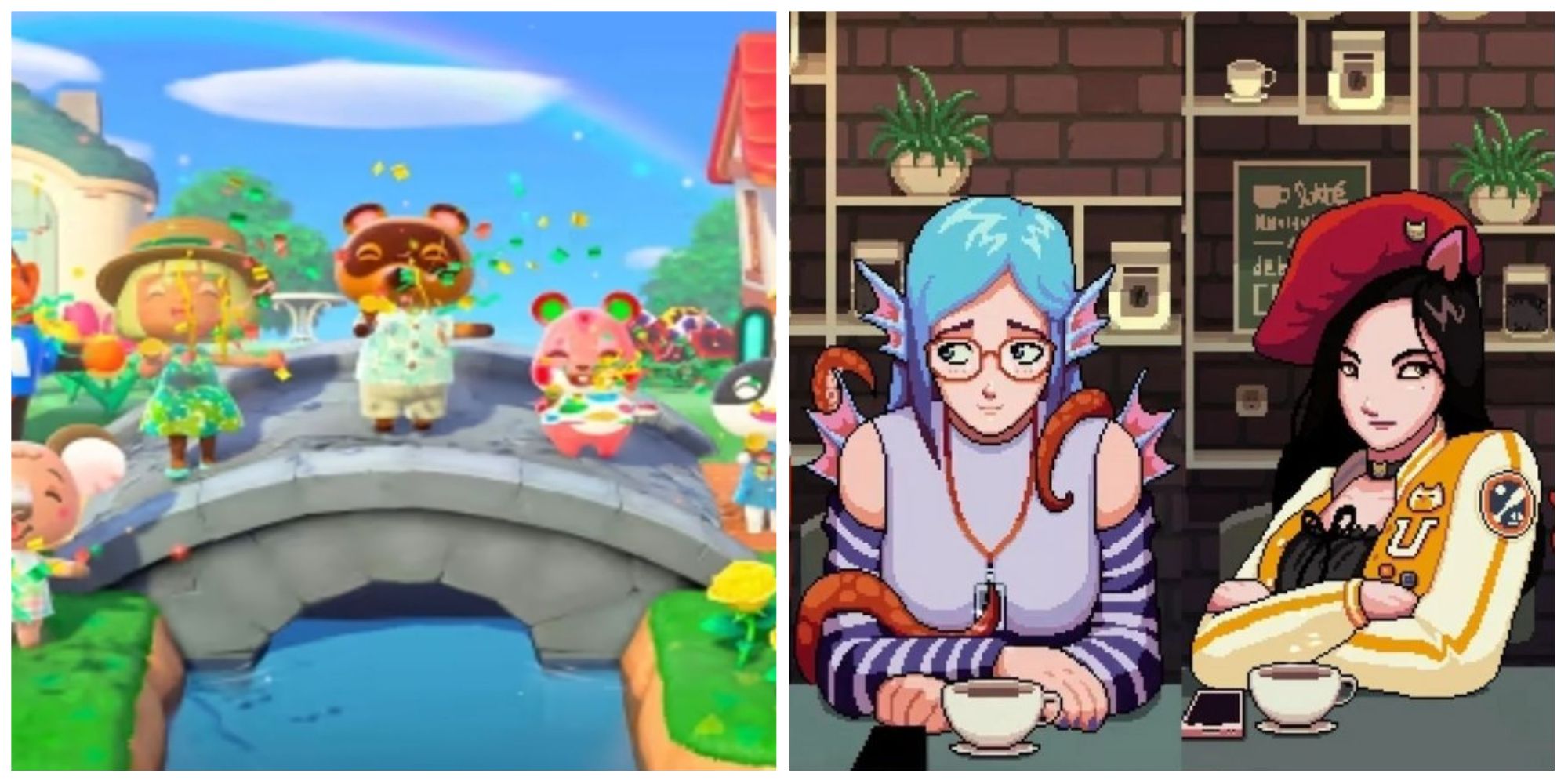 Left: Animal Crossing -- New Horizons characters on a bridge over a stream, celebrating. Right: Two fantasy creature women at a booth with coffee in Coffee Talk.