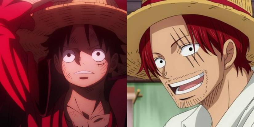 shanks and luffy wearing straw hats