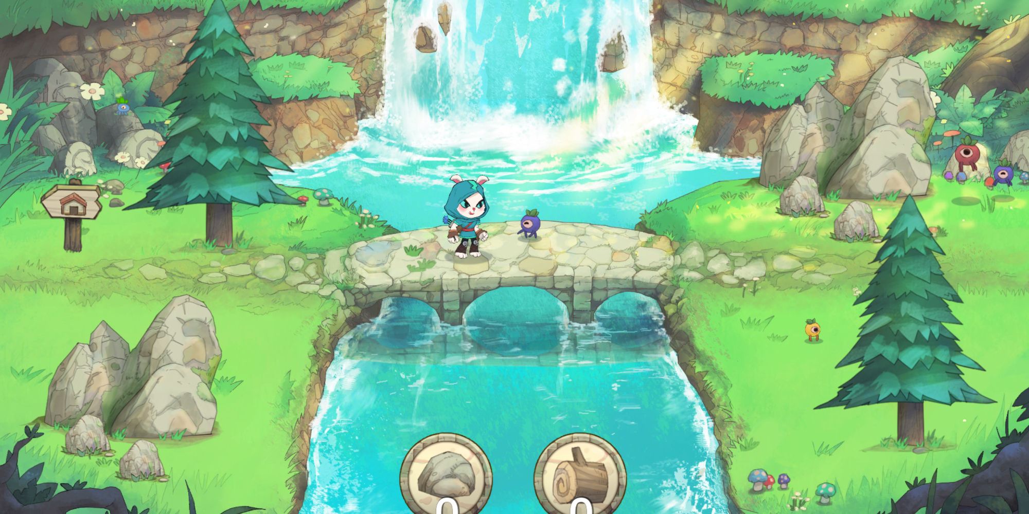 Character on bridge by waterfall.