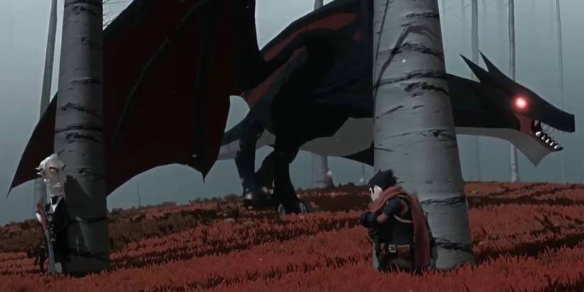 Two men hiding behind trees from dragon.