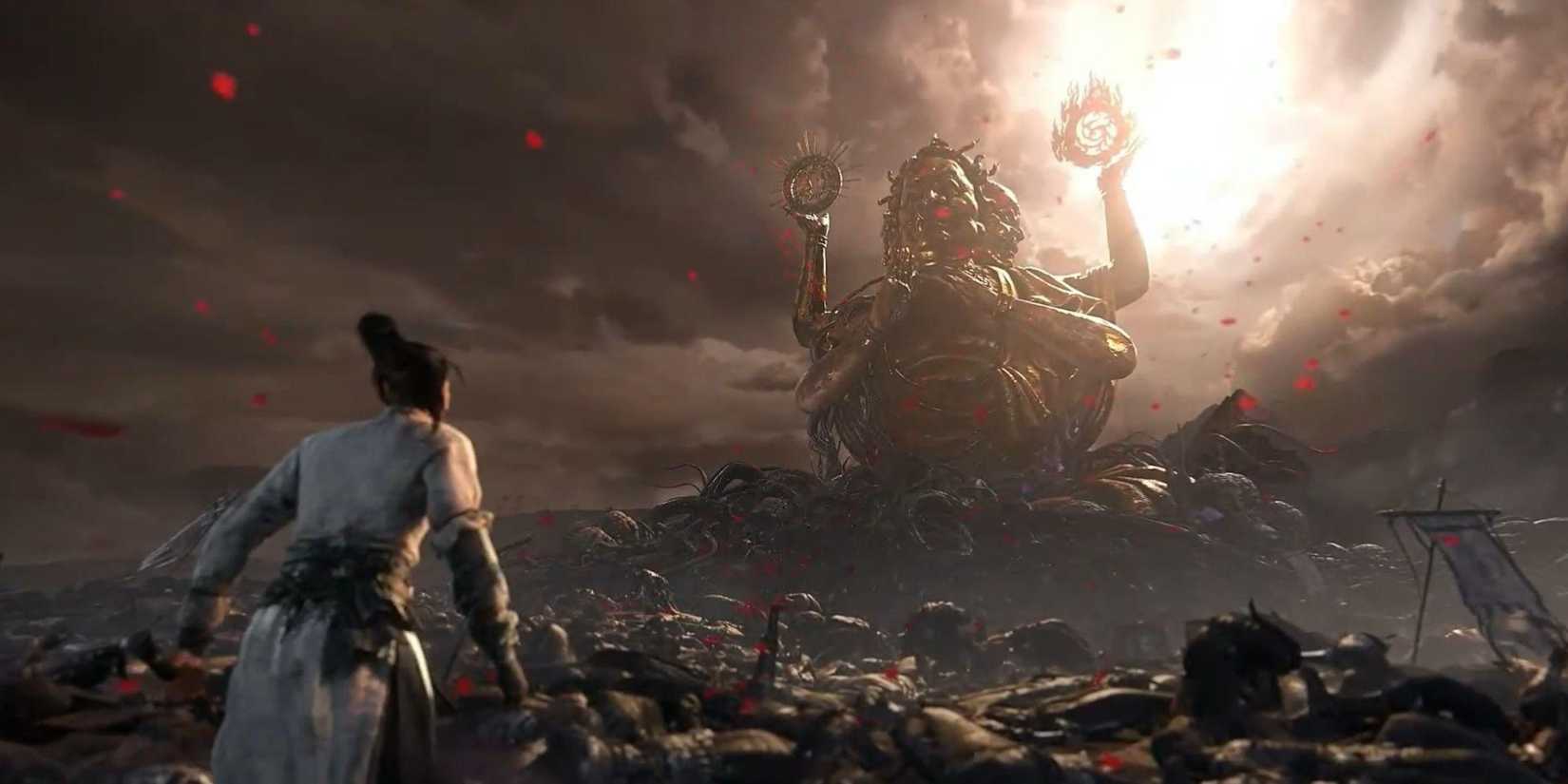 Buddha statue over battlefield Where Winds Meet