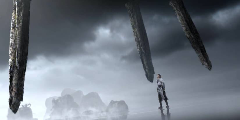 Swordsman by falling stones.