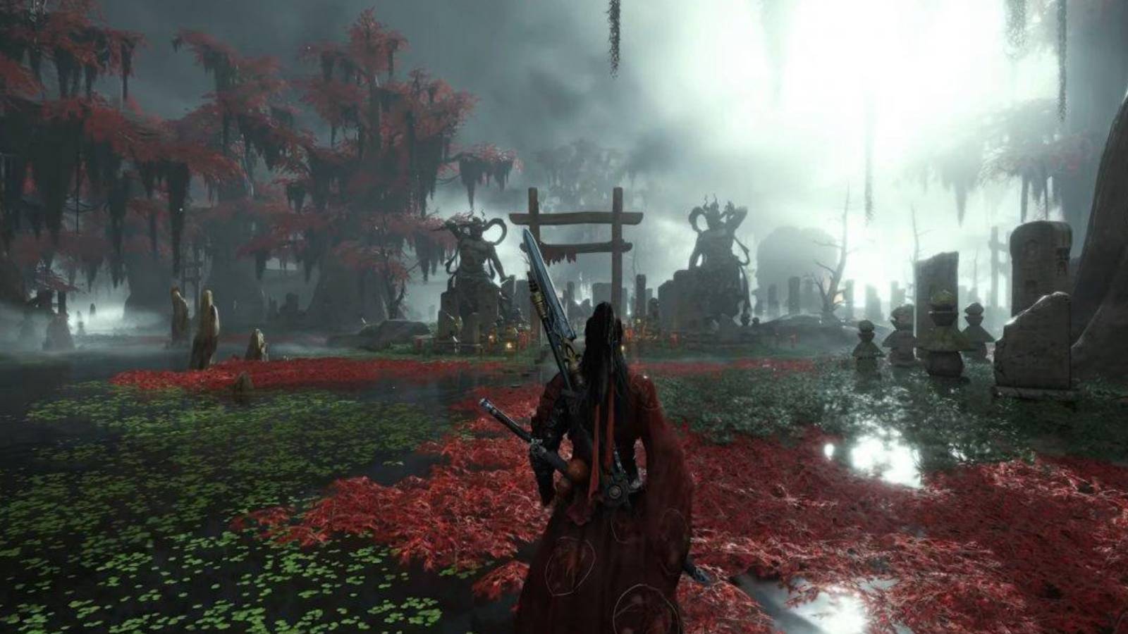 Character in swamp with floating islands, statues, graves, and a gate.