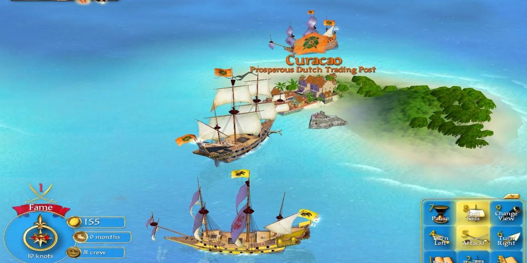 Puesto comercial holandés junto a dos barcos en Los piratas de Sid Meier.