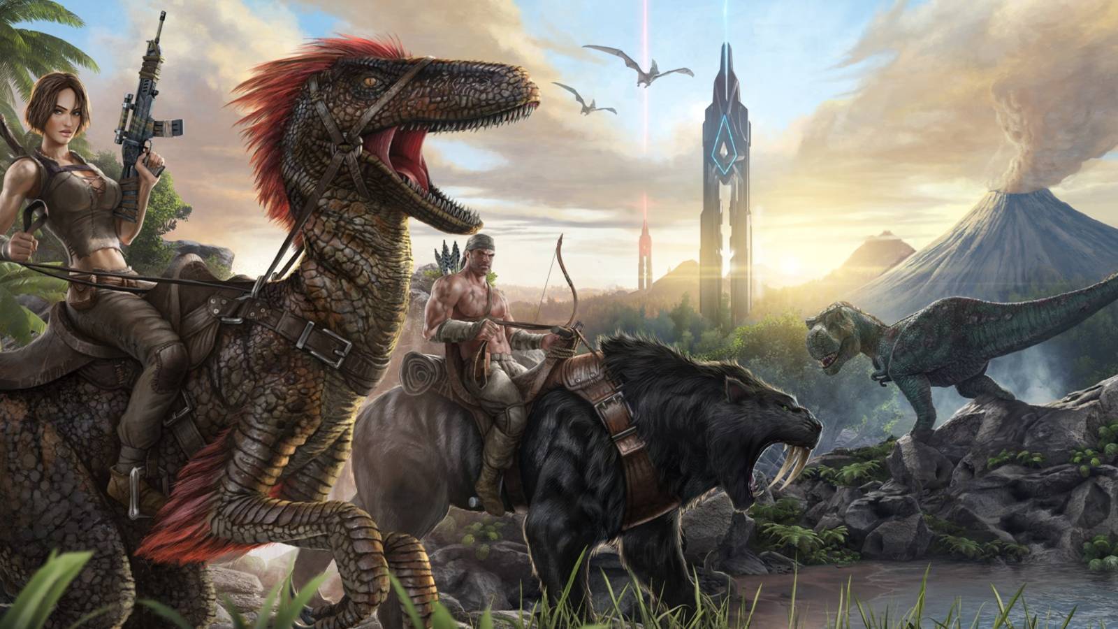 Woman and man riding prehistoric creatures.