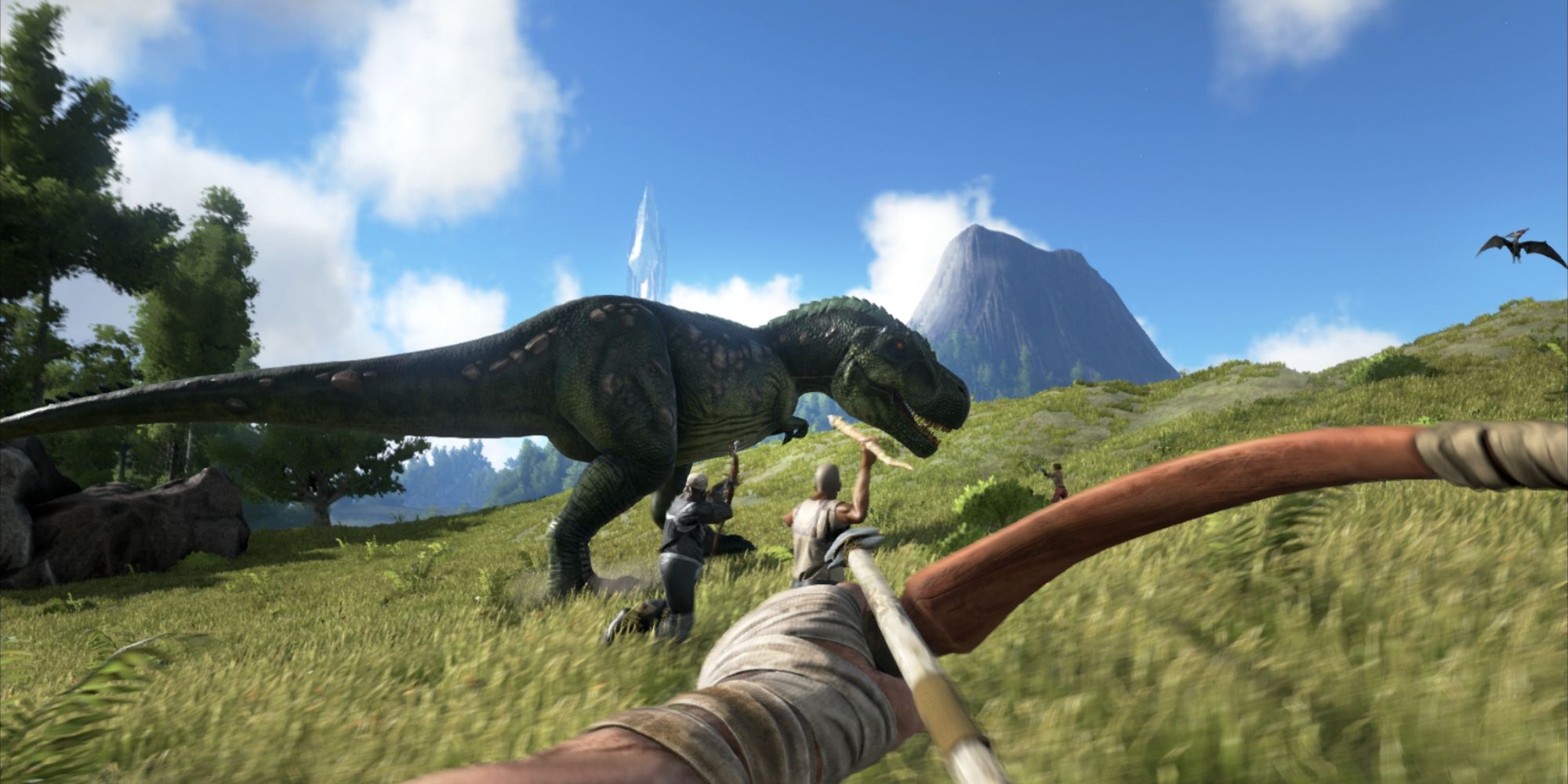 Pointing bow and arrow at a T-Rex in Ark: Survival Evolved