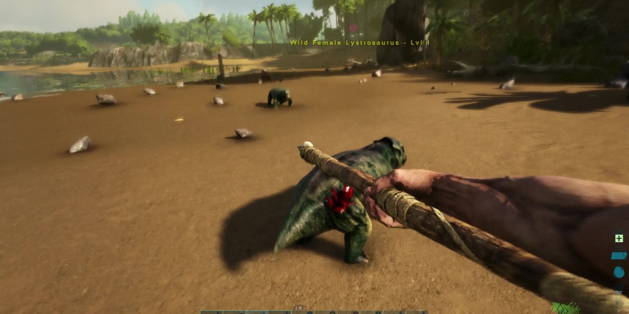 Spear stabbing little dinosaur.